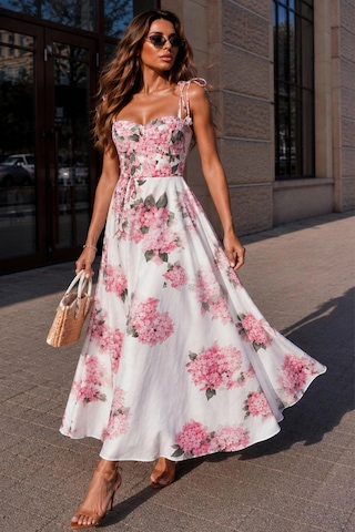 Asprinfashion Pembe Ortanca Çiçek Desenli Askılı Midi Elbise