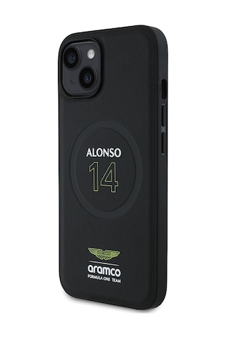 Apple Uyumlu iPhone 14 Kılıf Aston Martin Lisanslı Magsafe Şarj Özellikli Pu Deri Alonso 14 Baskılı Kapak Siyah