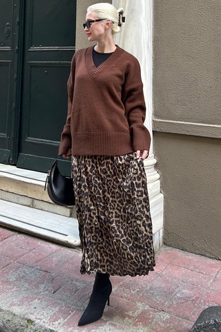 Madmext Kahverengi V Yaka Oversize Kadın Triko Kazak Mg2149 Kahverengi