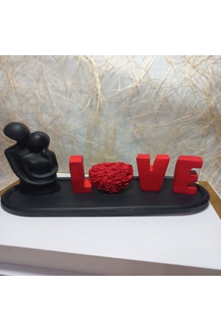 Love Yazılı Kalp Figürlü Sarılan Sevgili Biblo Set Siyah-kırmızı Siyah