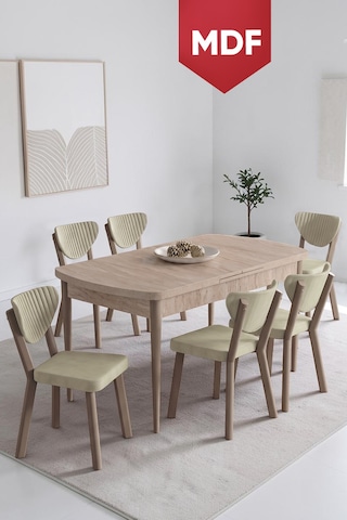 Exve Serisi 80x132 Açılabilir Traverten Takımı Ve 6 Sandalye Krem Sandalye Cappucino İskelet