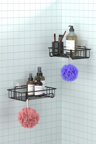Teknotel ST242H Yapışkanlı Kancalı Banyo Rafı Mat Siyah 2 Adet Siyah
