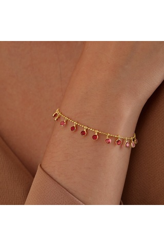 Queen Silver Jewelry 925 Ayar Gümüş Kırmızı Renk Geçişli Top Zincirli Bileklik Altın
