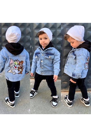 Berfonzo Kids Erkek Çocuk Tom Jerry Nakış Detay Kot Ceker Mavi