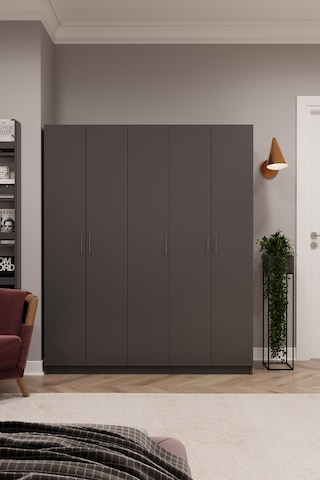 Asra Trend 5 Kapaklı Gardırop G-09 %100 MDF Çift Katlı Askılı Elbise Dolabı Koyu Gri