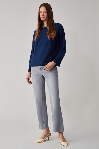 BASIL Kadını Oversize %100 Organik Pamuk Örme Uzun Kol Lacivert T-Shirt