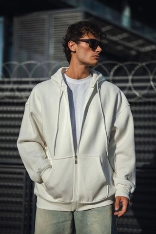 Efnaz Style Oversize Tam Fermuarlı Uzun Kol Hırka - Beyaz