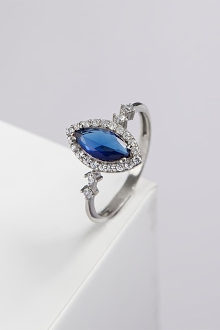 Parliement Mavisi Mekik Taşlı 925 Ayar Gümüş Bayan Yüzük -7971