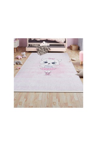 Balerin Kedi Çocuk Odası Halısı Kız Çocuk İçin Yumuşak Kaymaz Yıkanabilir Pembe Pembe