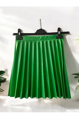 Kız Çocuk Beli Lastikli Pileli Deri Etek-14412 Yeşil