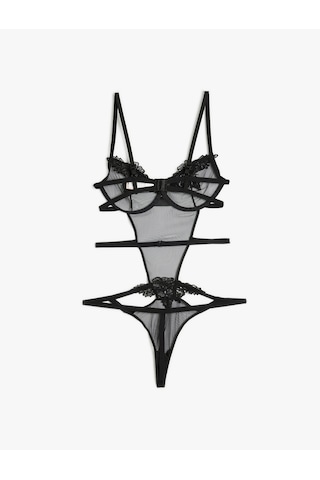 Koton Dantelli Bodysuit Transparan Balenli Siyah 5wlk00007mk Siyah