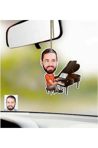 Kişiye Özel Bay Piyanist Karikatürlü Ahşap Araba Dikiz Ayna Süsü