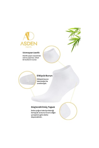 Asden Bambu Erkek Patik Çorap Beyaz 12'li, Dikişsiz, Soft Yıkamalı Çok Renkli