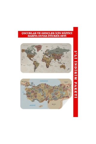 Eğitici Ve Öğretici Dünya Ve Türkiye Haritası Çocuk Odası Duvar Sticker-60x105-3883 Çok Renkli
