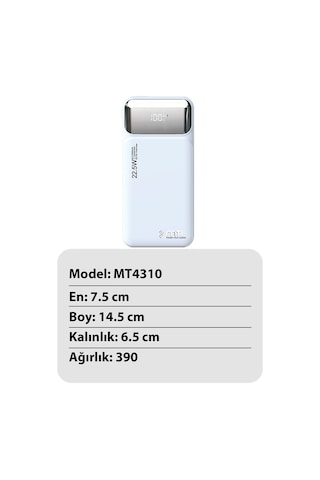 10000 Mah 22.5w Süper Hızlı Şarj Dahili Kablolu Dijital Led Göstergeli Pd Ve Qc 3.0 Powerbank Mt4310 Beyaz