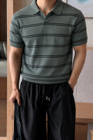 Tarz Cool Erkek Çizgili Polo Yaka Viskon Triko Tişört Slim Fit Yazlık Şık Triko Polo Haki