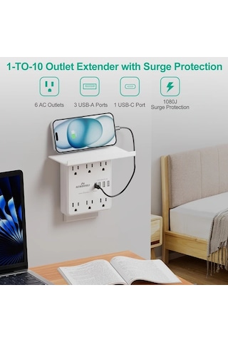 Xuweiwei N-725-white Newboslı 6 Ac Ve 4 Usb Portlu Aşırı Gerilim Korumalı Duvar Priz Kompakt Tasarım Beyaz