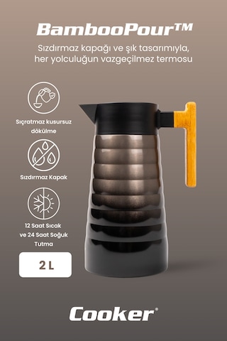Cooker Bamboopour 2 Litre Paslanmaz Çelik Bambu Saplı Termos Ckr2097 Siyah