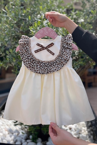 Leopar Fırfırlı Kız Çocuk Bebek Ekru Pamuk Elbise 001