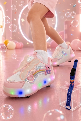 Muggo Colourful Çocuk Işıklı Patenli Tekerlekli Sneaker Spor Ayakkabı Pudra