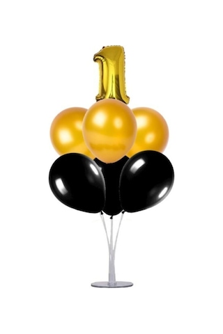 1 Yaş Rakam Folyo Balon Altın Gold 40 CM Balon Stand. 6 Adet Bal