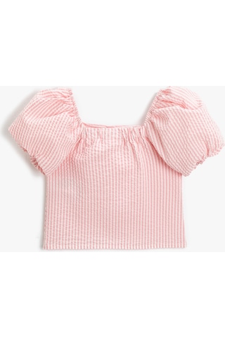 Koton Crop Bluz Kısa Balon Kollu Kare Yaka Astarlı Pembe Çizgili 3skg60013aw 3SKG60013AW05M Pembe