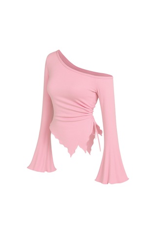 Meren Like Your Style Pembe Uzun Kollu Asimetrik Yaka Drapeli Yan Bağlamalı Bahar Sonbahar Bluz Üst Pembe
