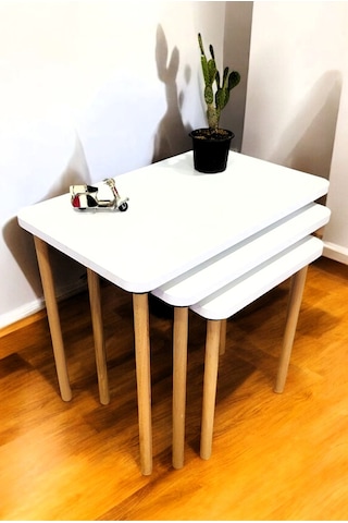 Doğal Ahşap Ayaklı 3'lü Zigon Sehpa Seti Beyaz