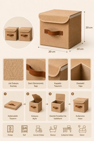 2li Kapaklı Jüt Organizer Kutu Seti 20x20x20 Cm Katlanabilir Düzenleme Kutusu Organizer Seti Dolap, Raf Ve Banyo Düzeni İçin Doğal