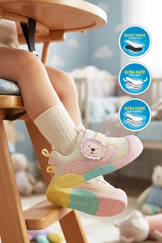Marcokids Bej-pembe Cırtlı Fileli Anatomik Bebek İlk Adım Ayakkabı 26y704