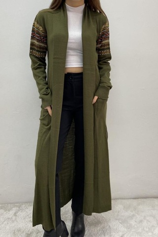 Onno Style Women Kilim Desen Uzun Hırka Haki