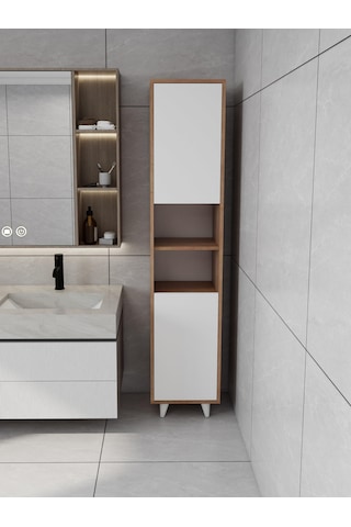 Riva Çamaşır Sepetli Banyo Dolabı Marbellakiraz Renk Meşe - Beyaz