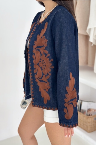 Femelle Kadın Lacivert Vintage Nakışlı Kot Denim Ceket Kahverengi