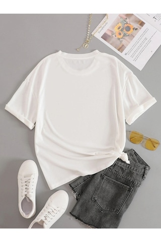Beyaz Oversize Holiday Baskılı Örme T-shirt Beyaz
