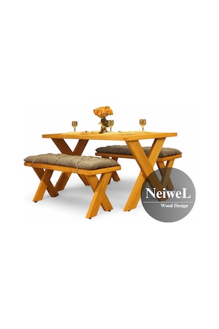 Neiwel Garden Aksa Doğal Ahşap Banklı Bahçe Masa Takımı-120-240 Takım Açık Ceviz