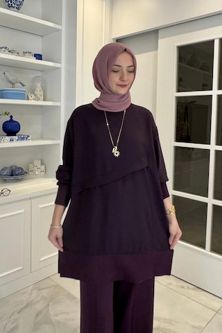 Rabia Şamlı Miray Triko-modal Pantolonlu Takım Mürdüm Normal