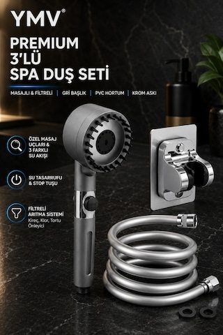 Ymv Premium Spa 3 Lü Filtreli Masajlı Duş Seti Fonksiyonlu Duş Başlığı, 150 Cm Pvc Duş Hortumu Ve Duş Askısı Gri
