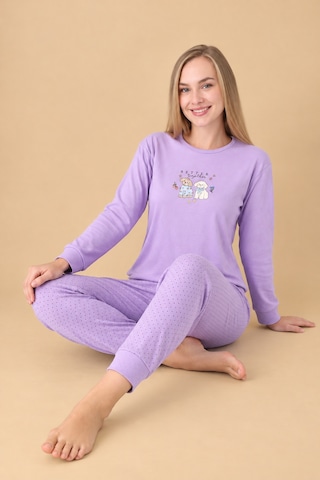 Wordex Fawn 6002 İnterlok Sevimli Köpek Desenli Kışlık Ev Kadın Pijama Takımı Lila