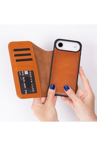 Bloomcase Magic Wallet Urban Tan Hakiki Deri İphone Uyumlu 17 Air 6.5" Cüzdanlı Telefon Kılıfı Taba