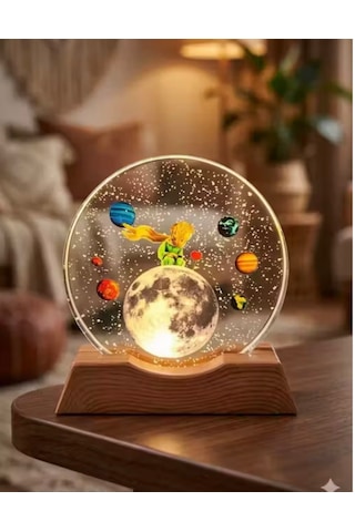 Küçük Prens Ve Gezegenler Temalı 5v Kablolu 3d Akrilik Gece Lambası Ahşap - Şeffaf