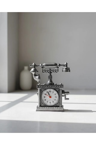 Widermarkt Vintage Telefon Masa Saati Retro Nostaljik Tasarım, Quartz Mekanizma,dekoratif Masaüstü Saat Gümüş