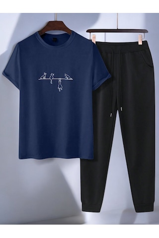 Uyguntarz Unisex Yaramazlık Yapan Kediler Tasarım Basklı Tshirt Eşofman Takımı Lacivert