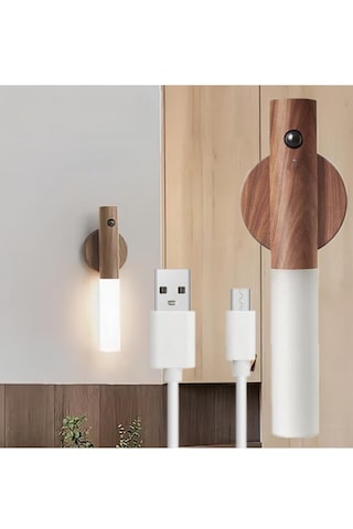Modern Sensörlü Usb Şarjlı Mıknatıslı Taşınabilir Duvar Aplik Ahşap