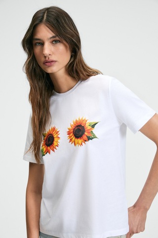 ETHIQUET KARIVA Kadın Bisiklet Yaka Kısa Kollu Ön Baskı Detaylı Regular Fit Beyaz / Desenli T-Shirt