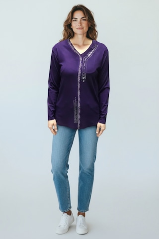 Kadın Önü Kapalı Düğme Detaylı Taşlı Nergis Mevsimlik Bluz Mor