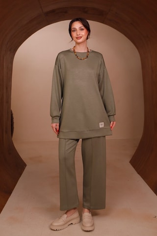 Balenbi Kadın Oysh Modal Kumaş Oversize 80 Cm Tunik Bol Paça Pantolon Tesettür Takım 1228 Haki