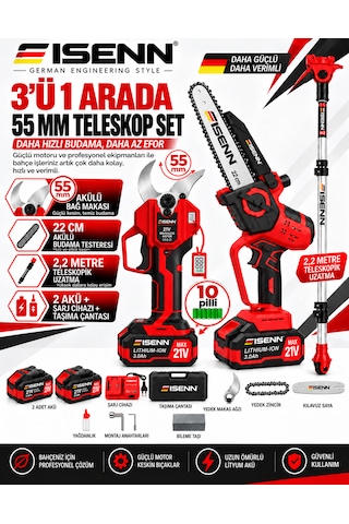 Eisenn Ultra Güç 55 Mm Dijital Makas + 22 Cm Otomatik Yağlamalı Dijital Testere +2.2 Mt Teleskop Süper Bahçe Seti