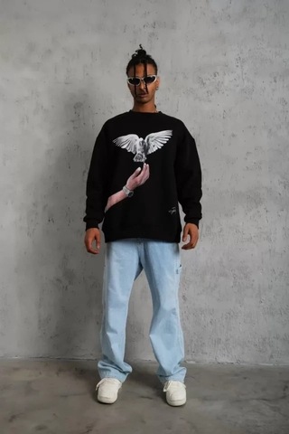 Vexor Erkek Güvercin Baskılı Sweatshirt - Siyah
