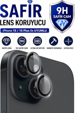 Apple iPhone Uyumlu 15 / 15 Plus Siyah Metal Kamera Lens Koruyucu Safir Cam Ultra Net Hd