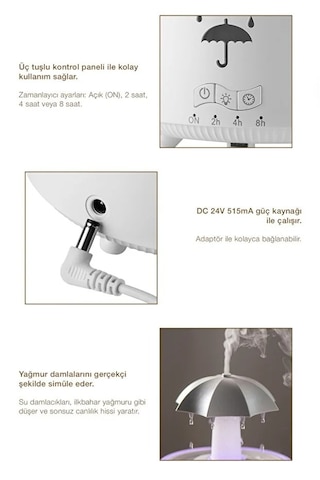 Şemsiye Tasarımlı 300 Ml Ultrasonik Aroma Difüzörü Led Yağmur Efektli Kumandalı Hava Nemlendirici